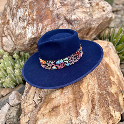 Blue Embroidered Desert Bloom Wool Hat