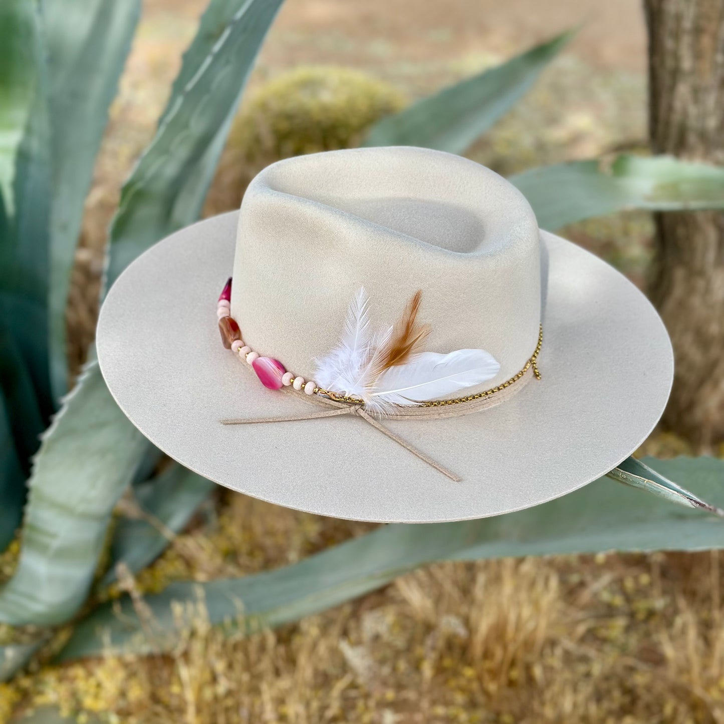 Pink Striped Agate and Jade Hat Band