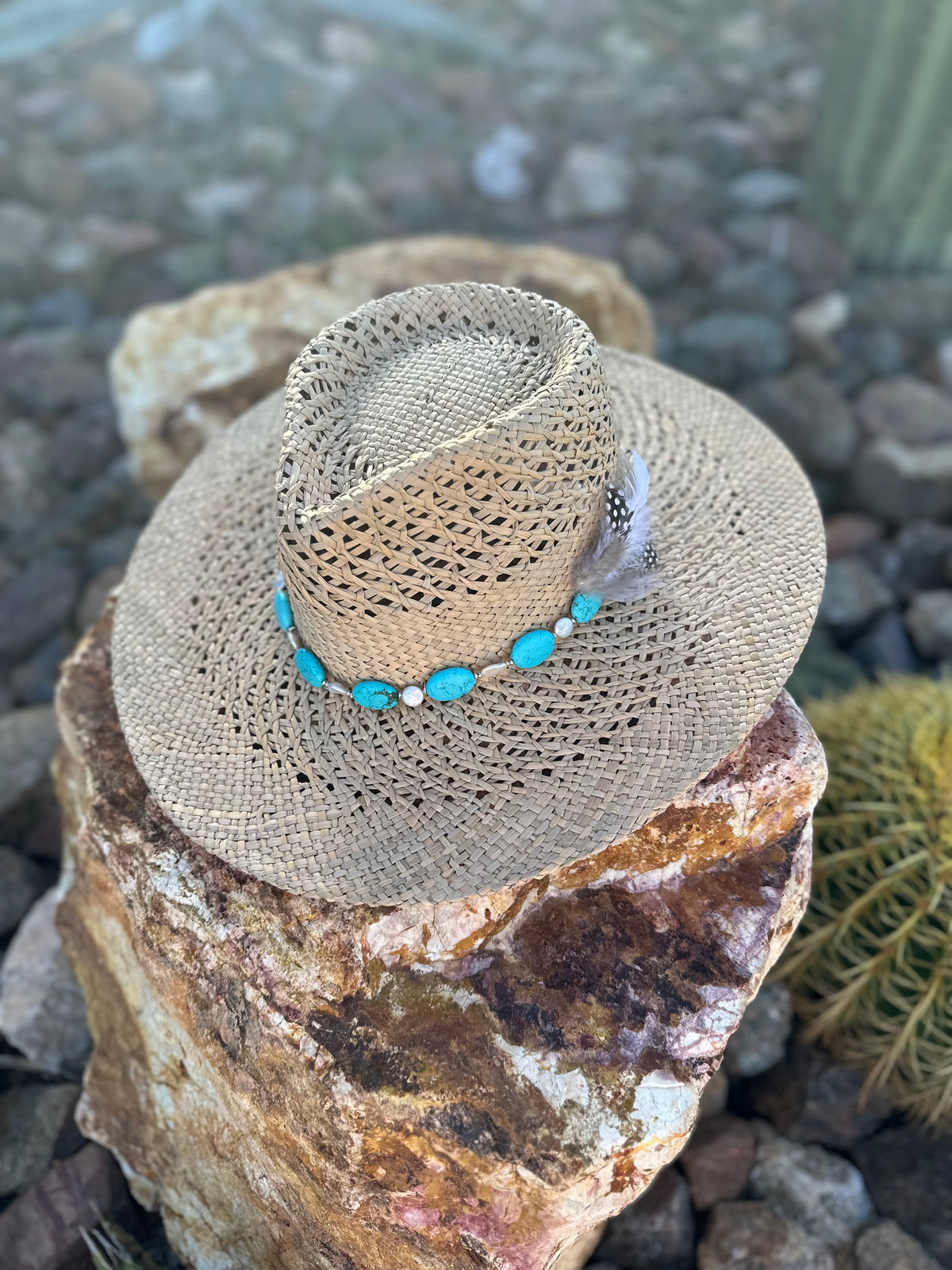 Turquoise and Pearl Straw Rancher Hat