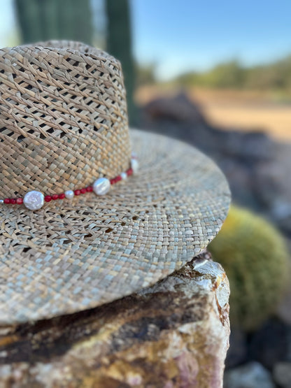 Red Coral and Freshwater Pearl Straw Rancher Hat