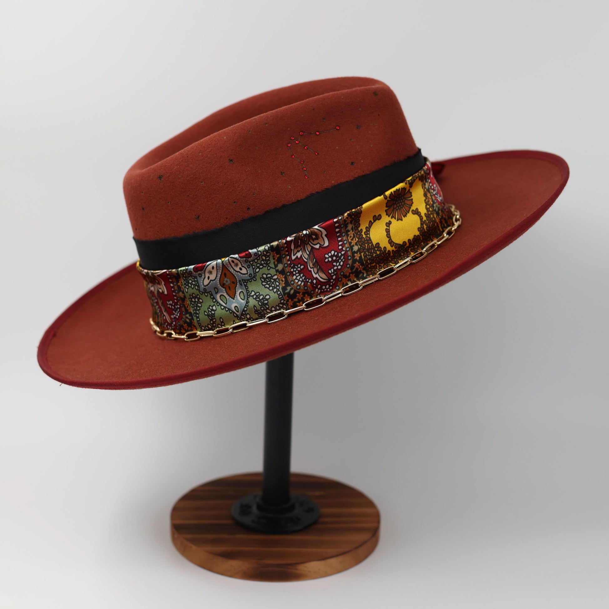 Handmade Aquarius garnet birthstone hat. A meaningful zodiac gift with western, one-of-a-kind style.