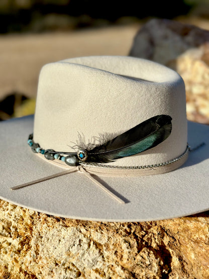 Upcycled Navajo Blue Opal and Black Feather Hat Pin Western Cowboy Hat Accessory