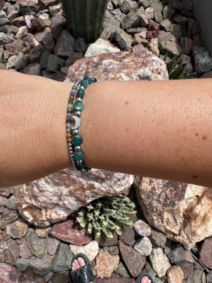 Pave moon, Apatite and Ruby green Bead Bracelet Western Boho Jewelry