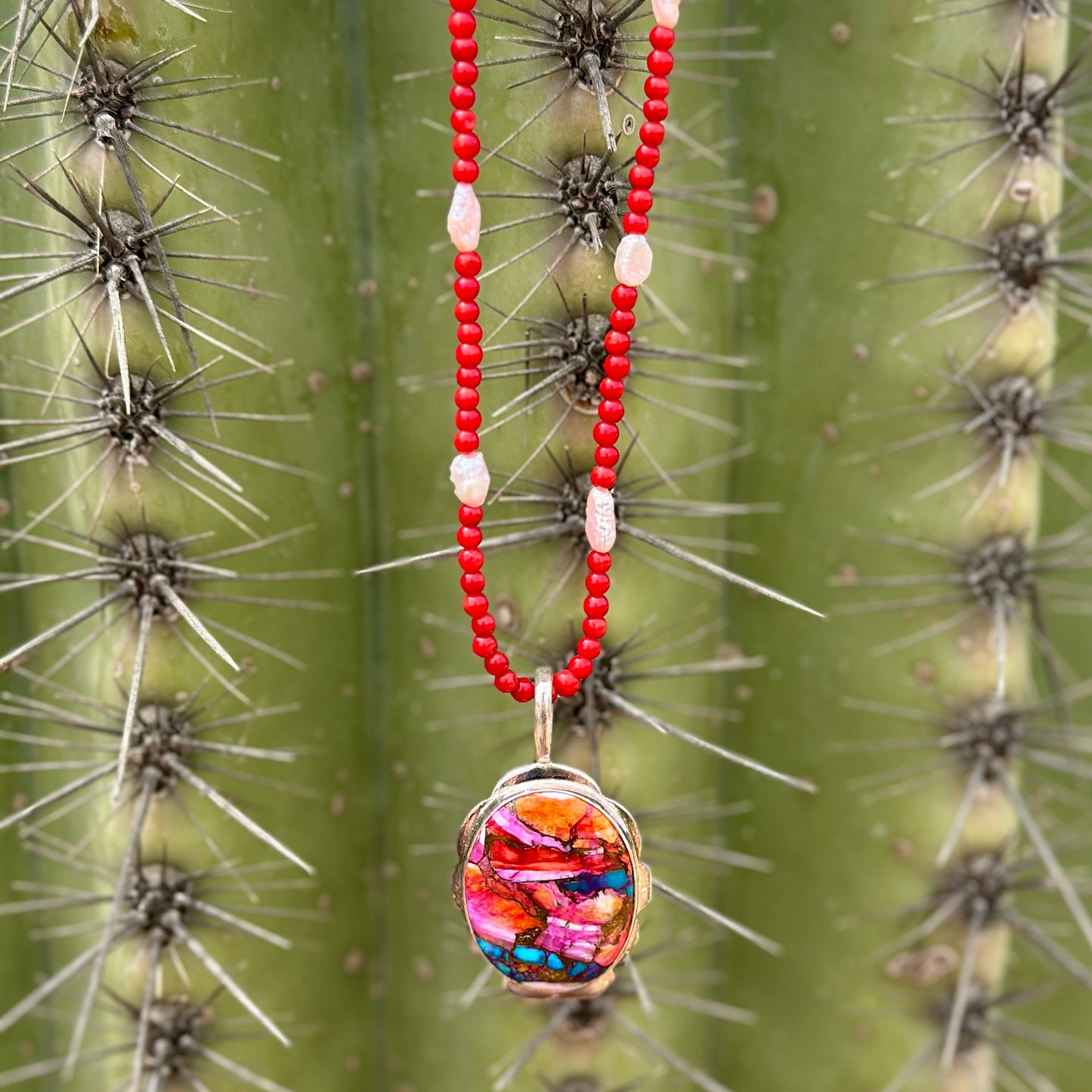 Pink Spiny Oyster Turquoise Oval Pendant in Sterling Silver