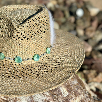 Green Angelite Gemstone Straw Cowboy Hat and Removable Feather Hat Pin