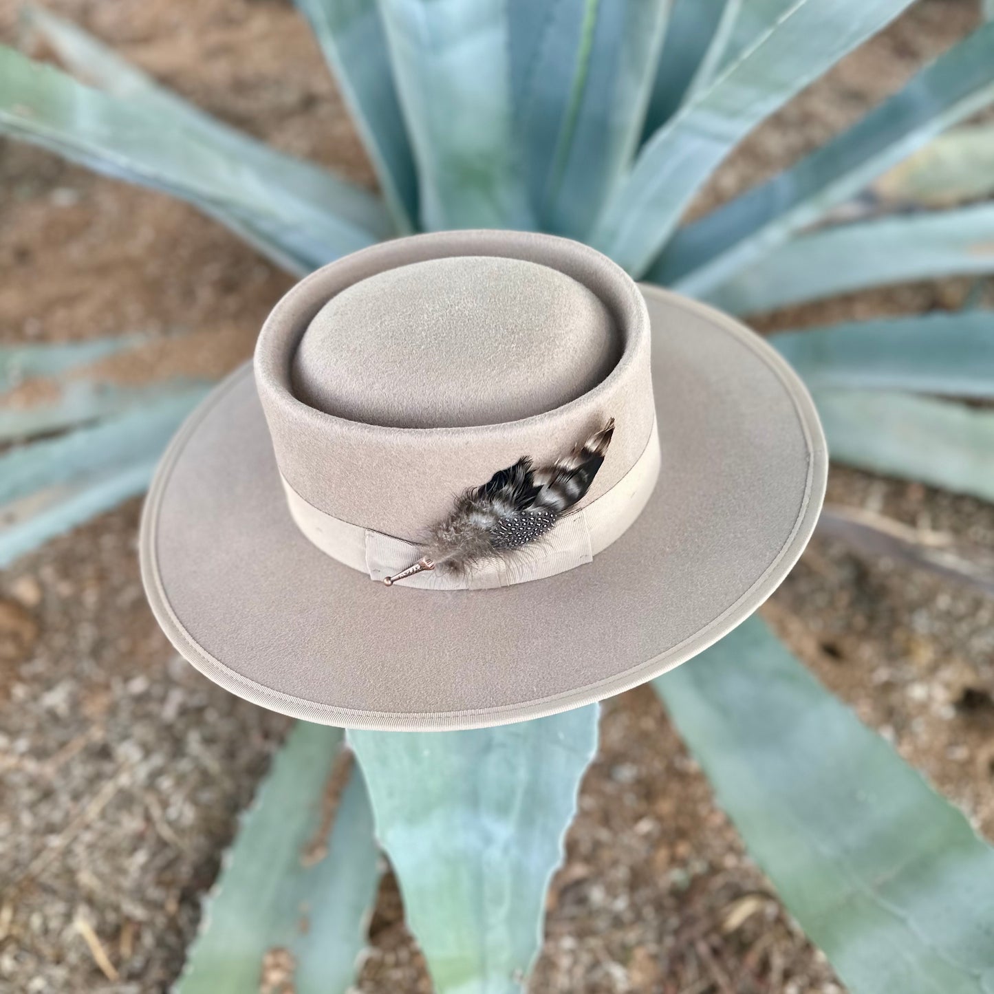 Desert Dove Taupe Wool Gambler Hat with Removable Feather Hat Pin