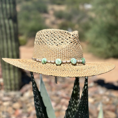 Green Angelite Gemstone Straw Cowboy Hat and Removable Feather Hat Pin