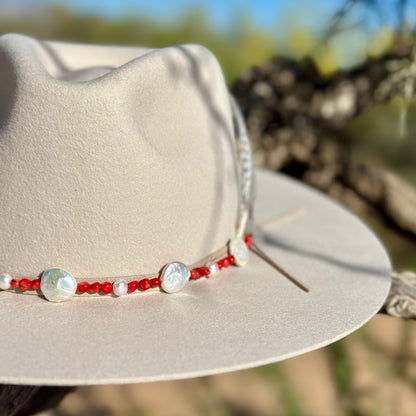 White Freshwater Pearl and Red Coral Hat Band
