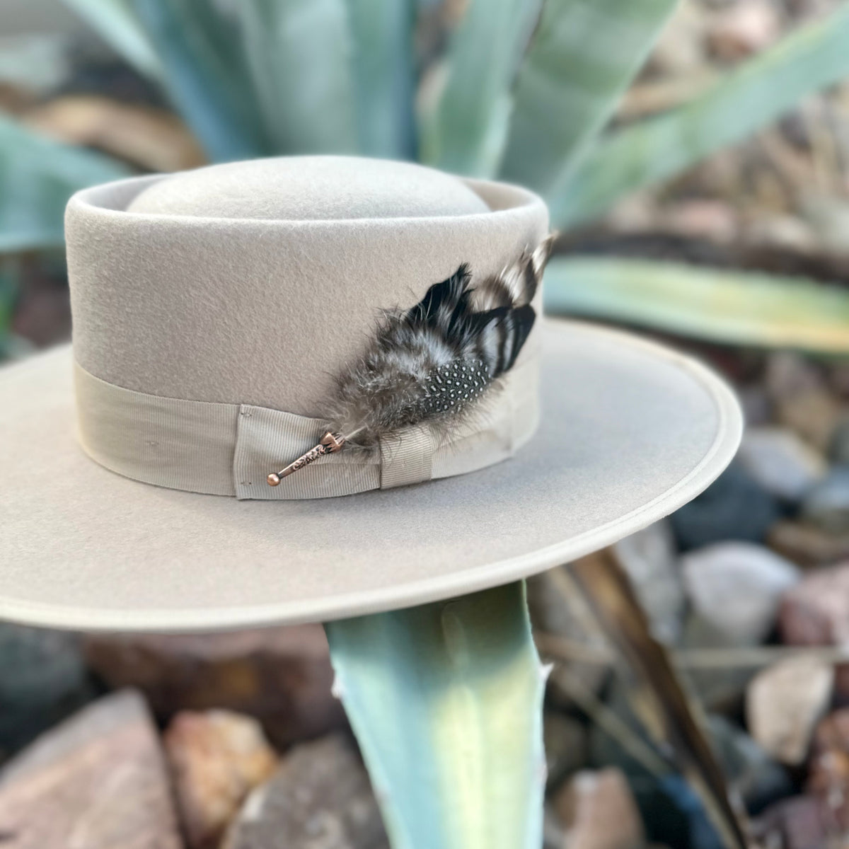 Desert Dove Taupe Wool Gambler Hat with Removable Feather Hat Pin