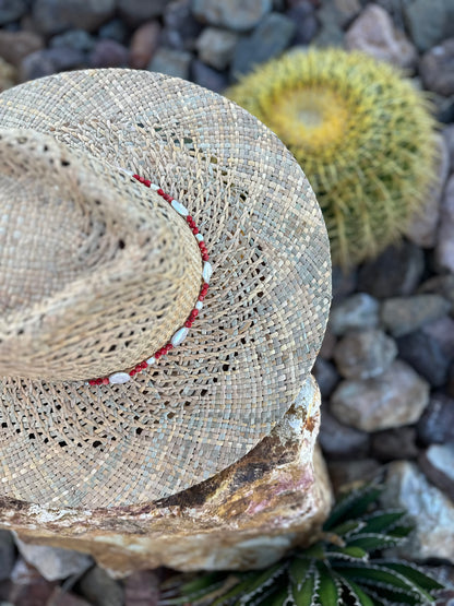 Red Coral and Freshwater Pearl Straw Rancher Hat