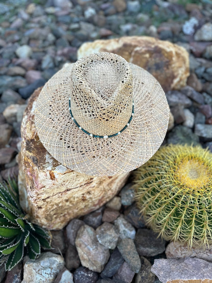 Blue Apatite and Freshwater Pearl Straw Rancher Hat