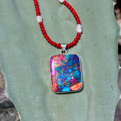 Pink Spiny Oyster Rectangle Pendant in Sterling Silver