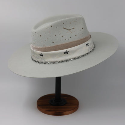 Handmade Cancer moonstone pearl birthstone hat. A meaningful zodiac gift with western, one-of-a-kind style.