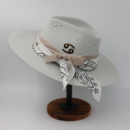 Handmade Cancer moonstone pearl birthstone hat. A meaningful zodiac gift with western, one-of-a-kind style.