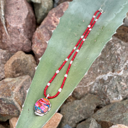 Pink Spiny Oyster Turquoise Oval Pendant in Sterling Silver