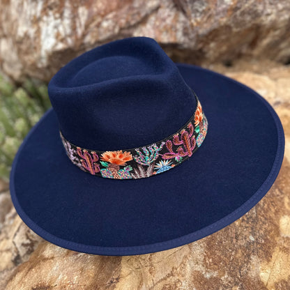 Blue Embroidered Desert Bloom Wool Hat