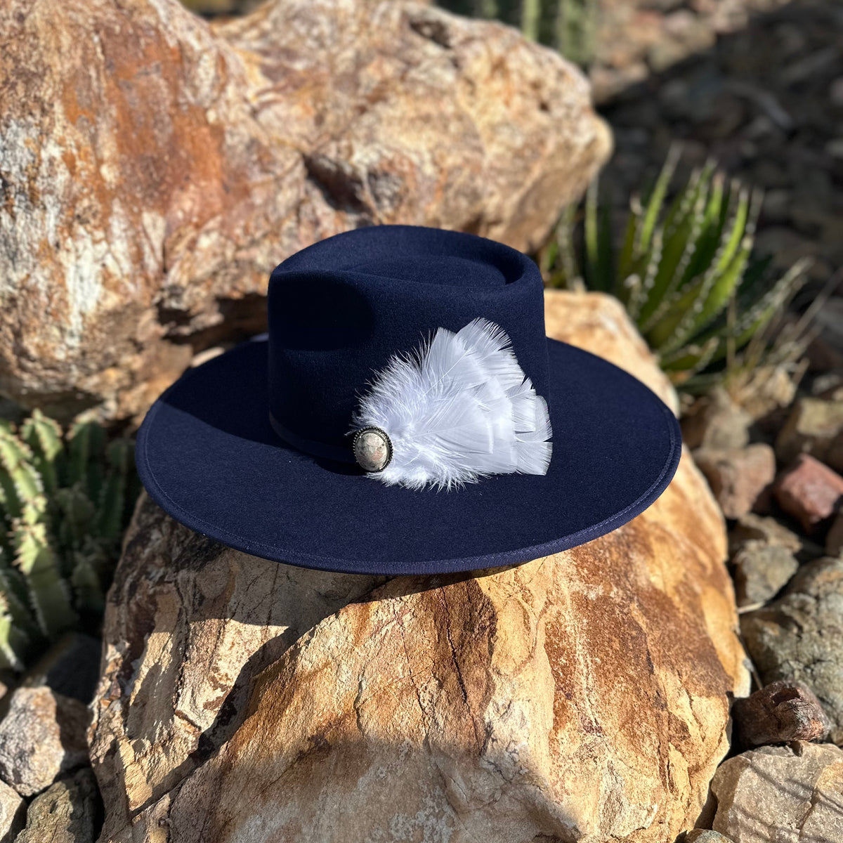 Navy Rancher Wool Hat and Stone Feather Hat Pin Western Cowboy Hat