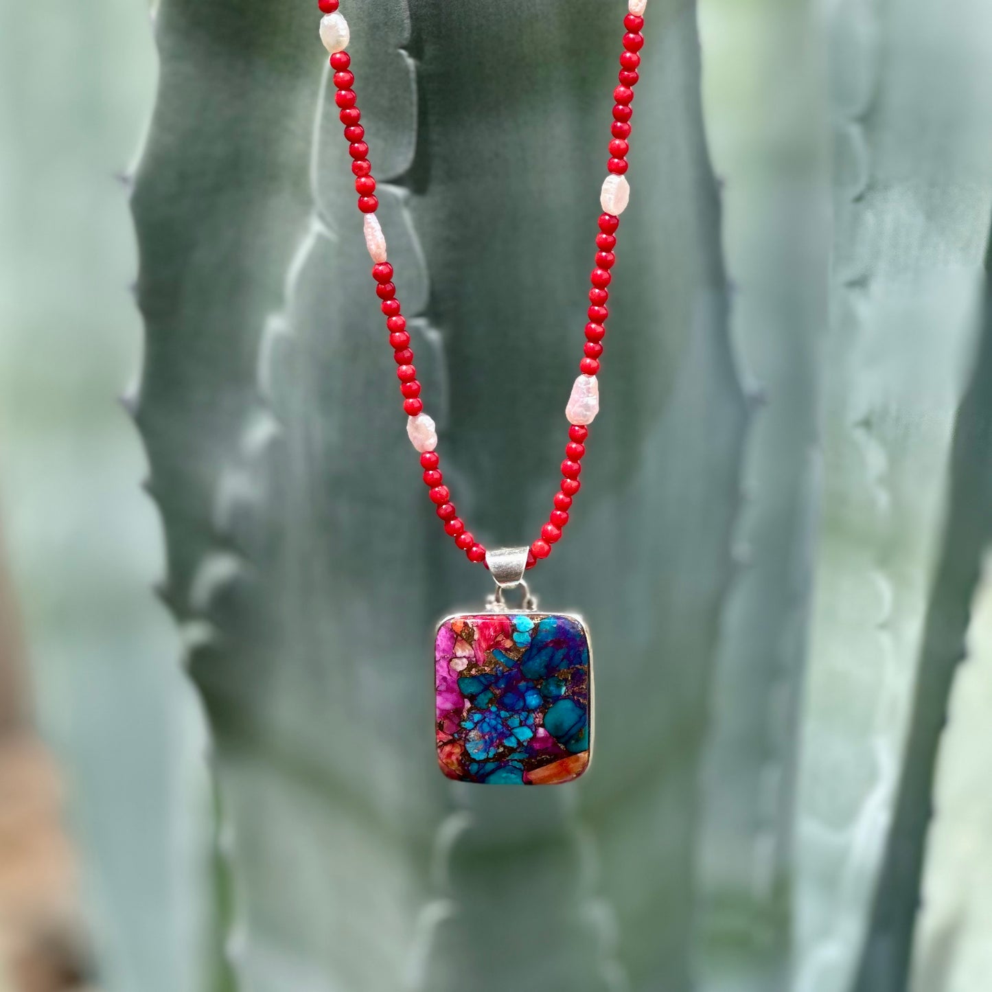Pink Spiny Oyster Rectangle Pendant in Sterling Silver