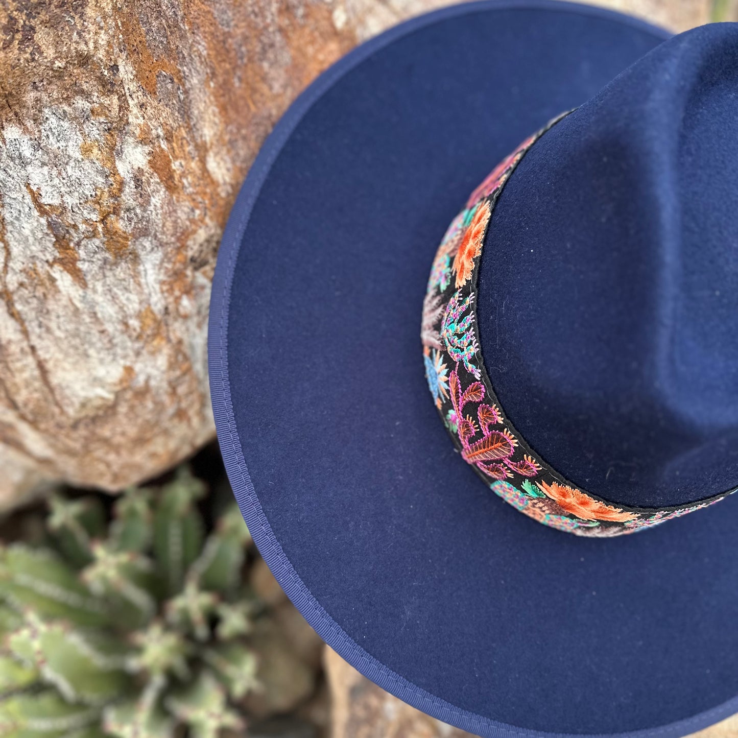 Blue Embroidered Desert Bloom Wool Hat