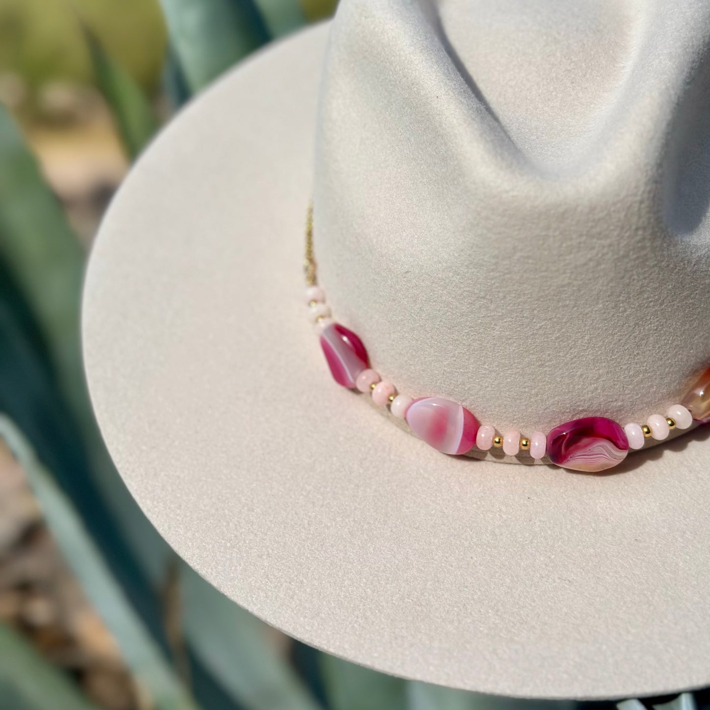 Pink Striped Agate and Jade Hat Band