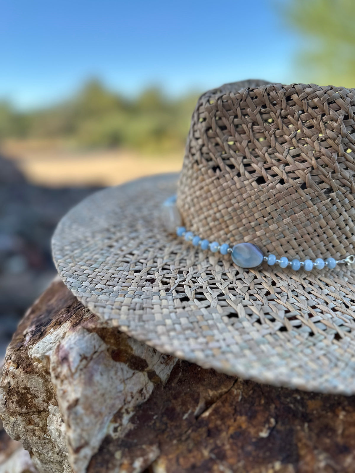 Blue Fire Agate and Jade Rondelle Straw Rancher Hat