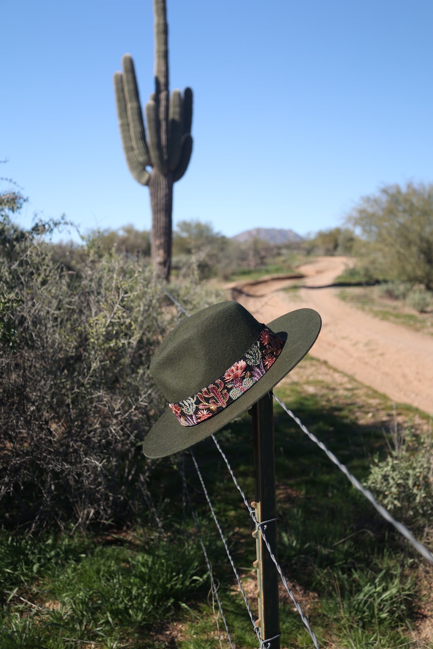 Green Embroidered Desert Bloom Wool Hat