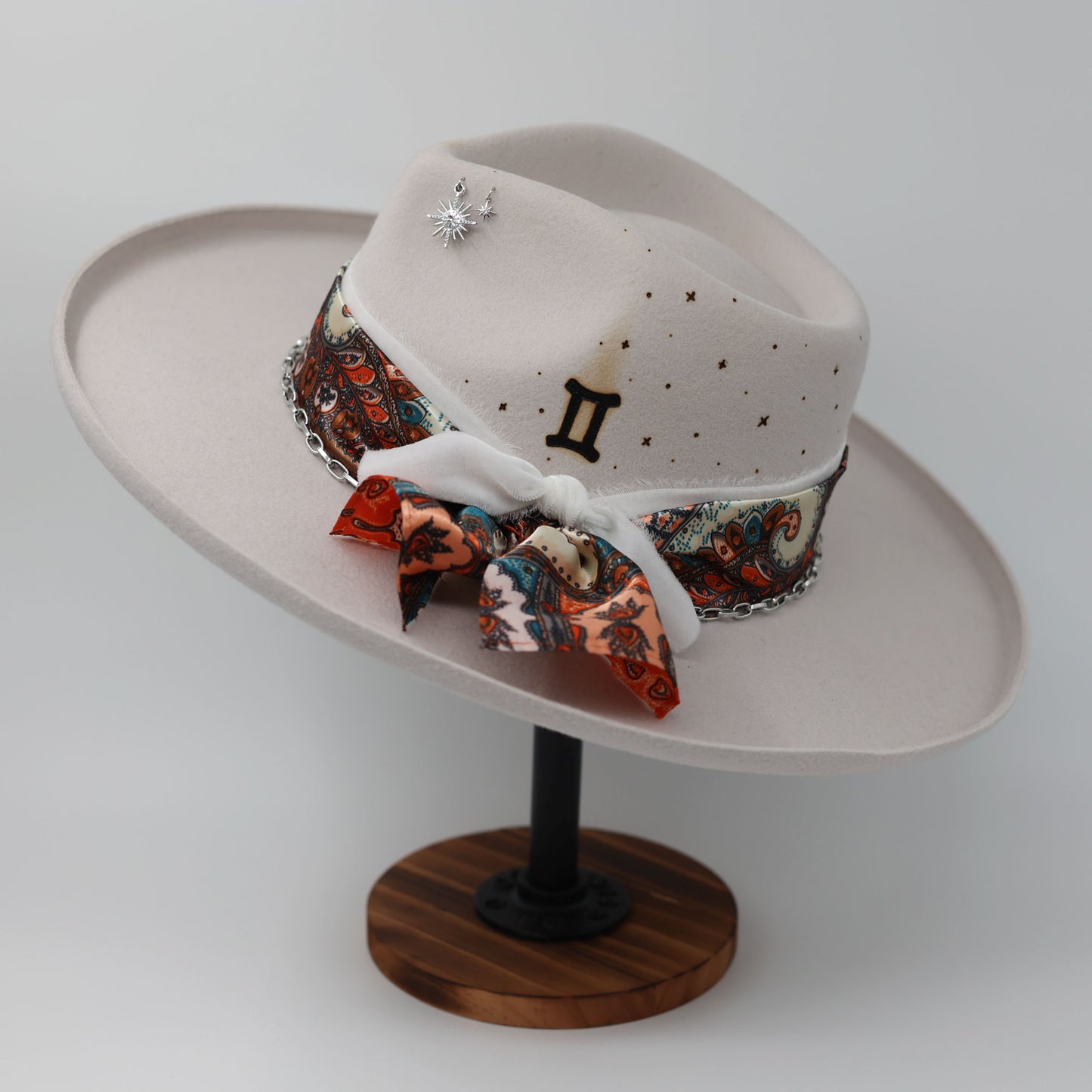 Handmade Gemini moonstone pearl birthstone hat. A meaningful zodiac gift with western, one-of-a-kind style.