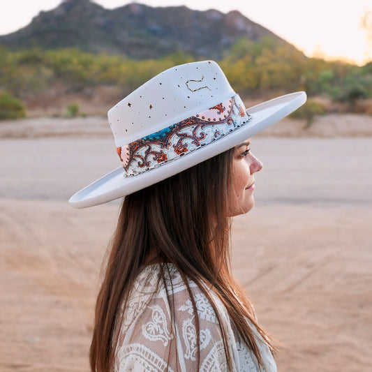 Handmade Gemini moonstone pearl birthstone hat. A meaningful zodiac gift with western, one-of-a-kind style.