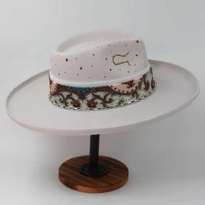 Handmade Gemini moonstone pearl birthstone hat. A meaningful zodiac gift with western, one-of-a-kind style.