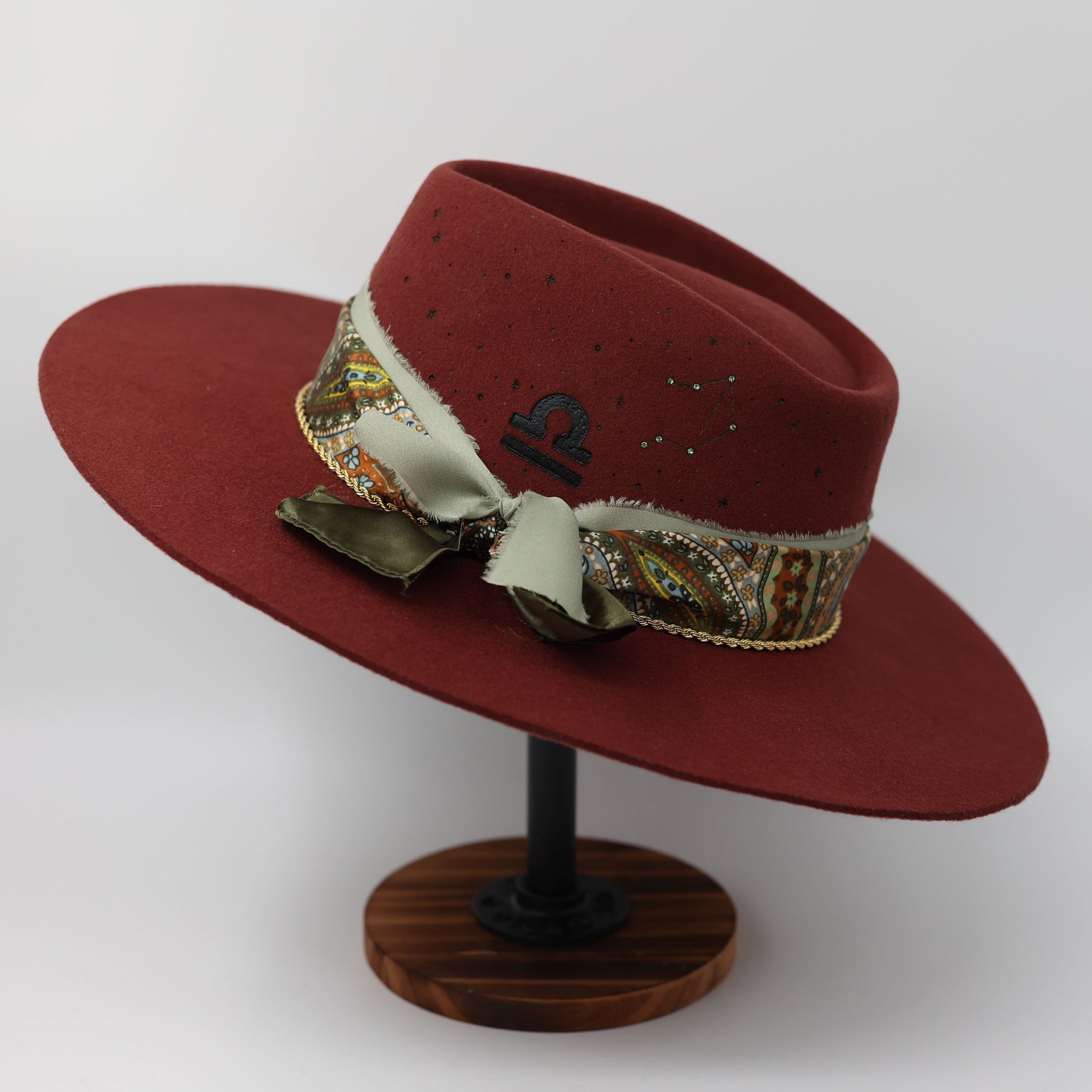 Handmade Libra watermelon tourmaline birthstone hat. A meaningful zodiac gift with western, one-of-a-kind style.