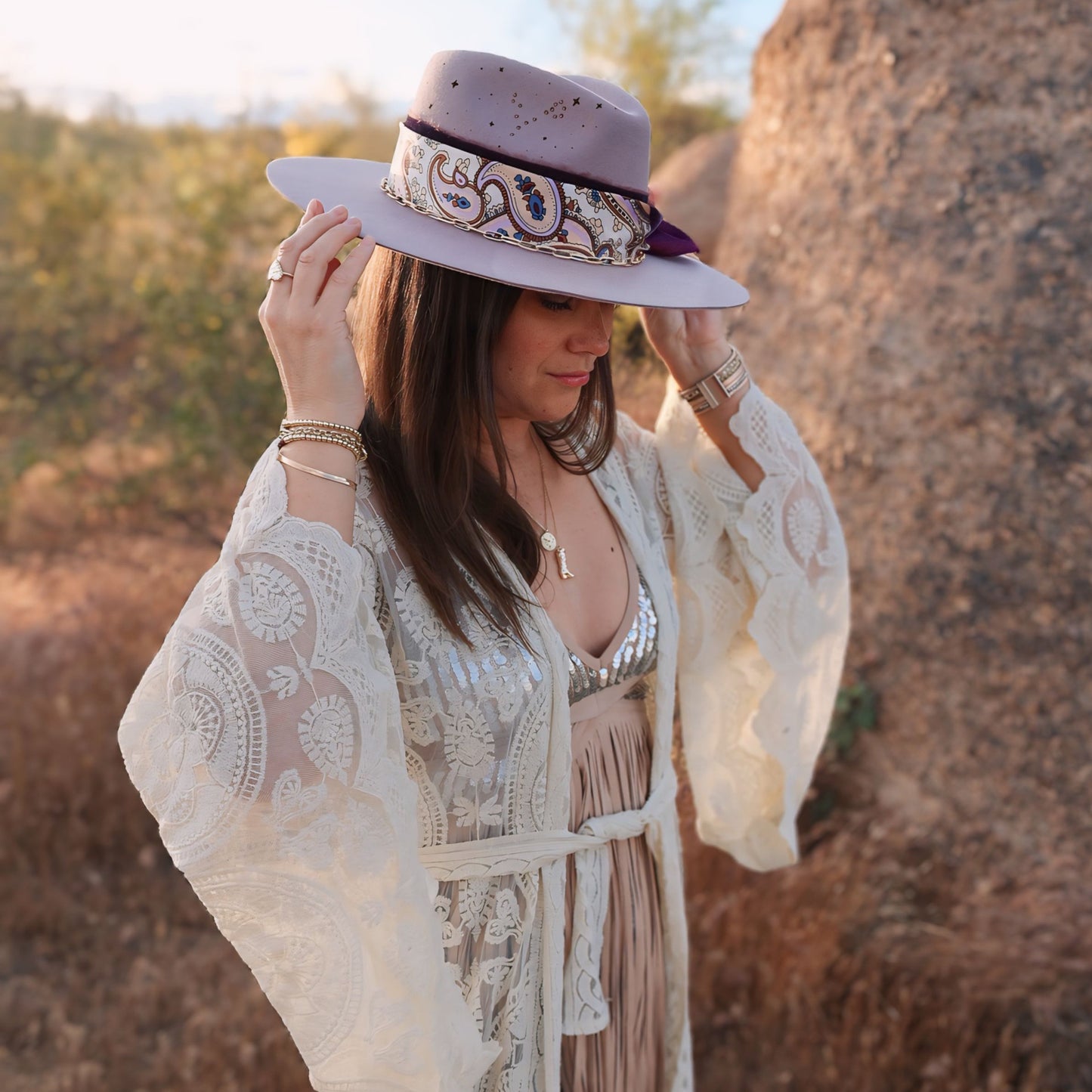 Handmade Pisces amethyst birthstone hat. A meaningful zodiac gift with western, one-of-a-kind style.