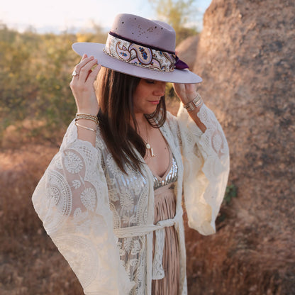 Handmade Pisces amethyst birthstone hat. A meaningful zodiac gift with western, one-of-a-kind style.