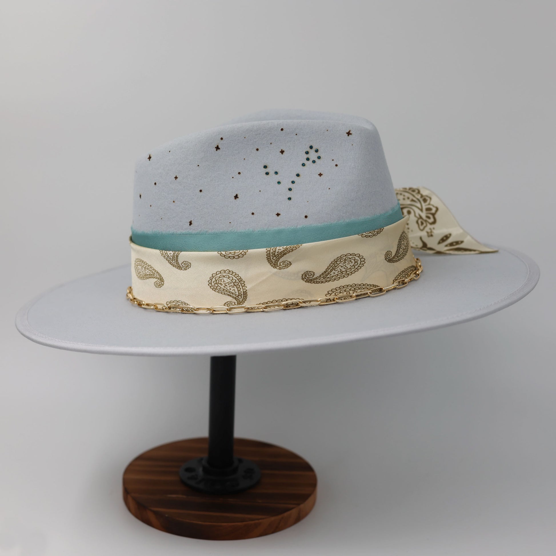 Handmade Pisces Aquamarine birthstone hat. A meaningful zodiac gift with western, one-of-a-kind style.