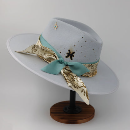 Handmade Pisces Aquamarine birthstone hat. A meaningful zodiac gift with western, one-of-a-kind style.