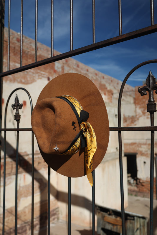 Handmade Sagittarius Yellow Topaz birthstone hat. A meaningful zodiac gift with western, one-of-a-kind style.