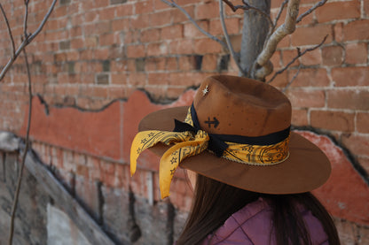 Handmade Sagittarius yellow topaz birthstone hat. A meaningful zodiac gift with western, one-of-a-kind style.
