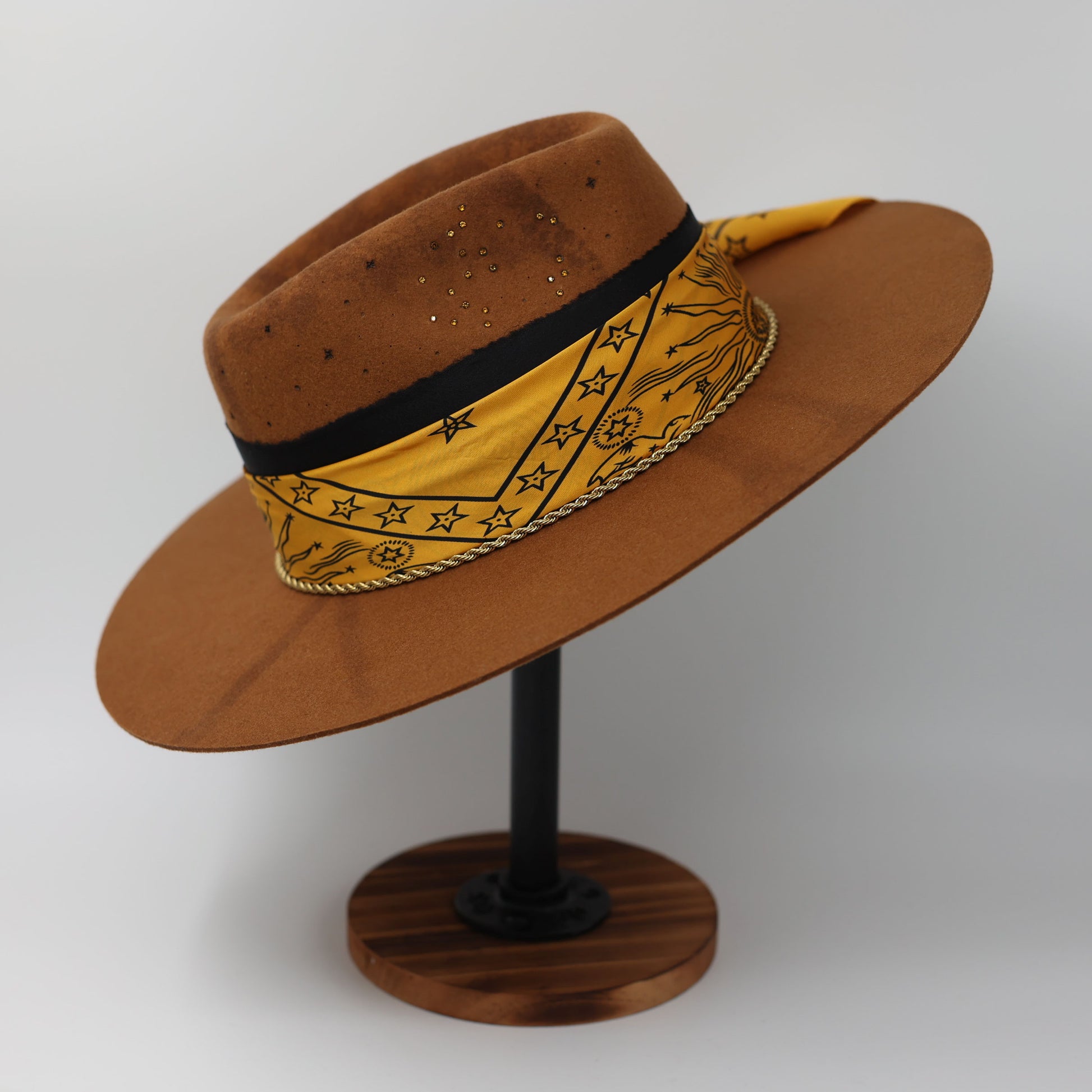 Handmade Sagittarius yellow topaz birthstone hat. A meaningful zodiac gift with western, one-of-a-kind style.