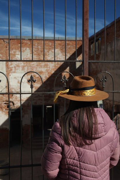 Handmade Sagittarius yellow topaz birthstone hat. A meaningful zodiac gift with western, one-of-a-kind style.