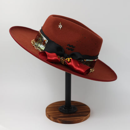 Handmade Aquarius garnet birthstone hat. A meaningful zodiac gift with western, one-of-a-kind style.